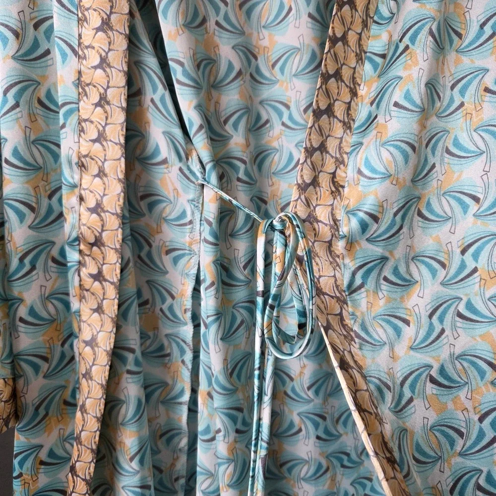 Oscar de‎ la Renta Pink Label Satin Robe S Turquoise Gold Fan Print Kimono Wrap